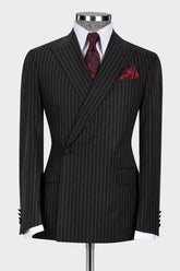 Formal Striped Peaked Lapel Bespoke Black Business Suits