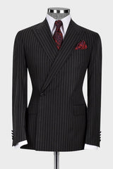 Formal Striped Peaked Lapel Bespoke Black Business Suits