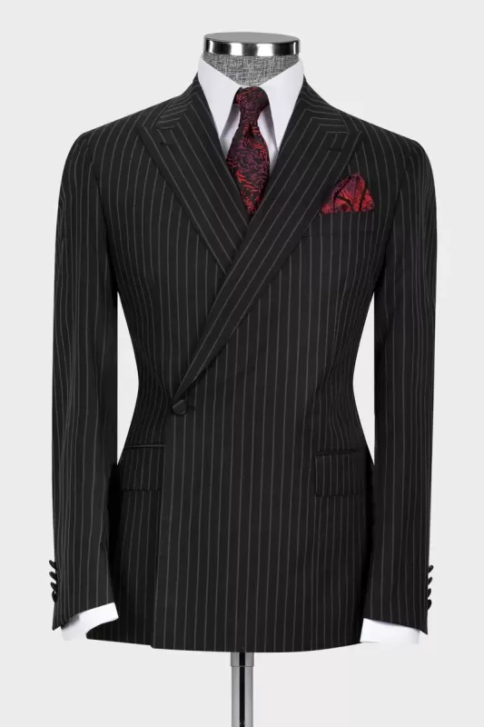 Formal Striped Peaked Lapel Black Business Suits