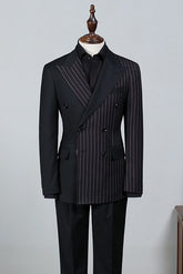 Formal Black Striped Peaked Lapel Double Breasted Bespoke Business Suit