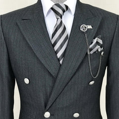 Formal Striped Peaked Lapel Double Breasted Black Wedding Suits