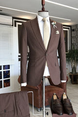 Formal Peaked Lapel Two Pieces Striped Brown Prom Suits