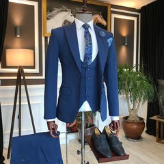 Formal Dark Blue Three Pieces Peaked Lapel Business Men Suits