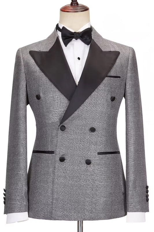 Formal Dark Peaked Lapel Double Breasted Gray Business Suits