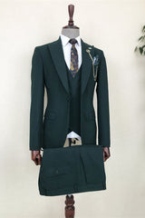 Formal Dark Green Three Pieces Peaked Lapel Men Suits For Prom