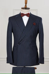 Formal Peaked Lapel Striped Bespoke Dark Navy Business Suits