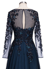 27dress navy blue formal evening dresses with sheer long sleeves and intricate sequin detailing