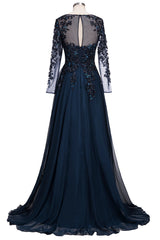 27dress navy blue prom dress with long sheer sleeves and floral embroidery formal evening dresses
