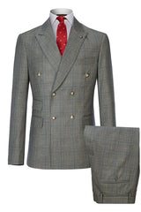 Formal Double Breasted Plaid Gray Business Suits For Men
