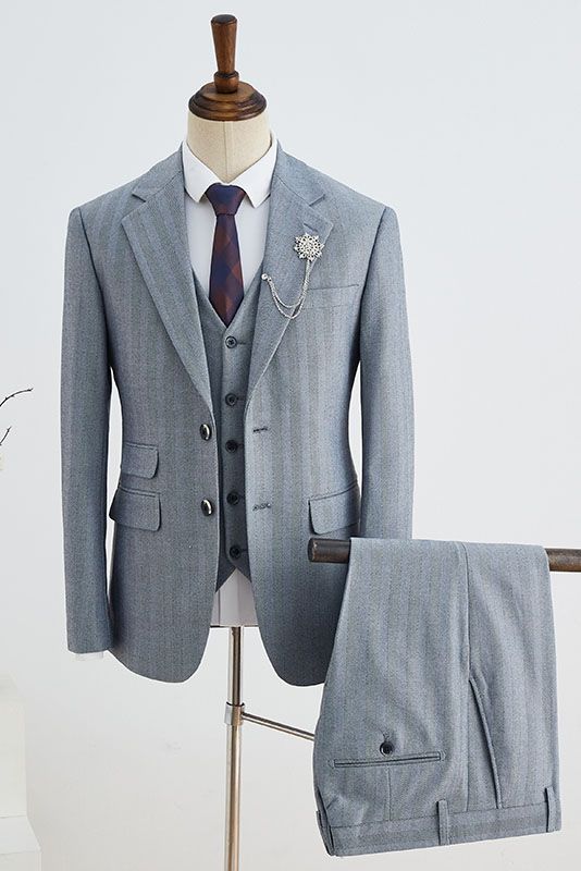 Formal Gray Striped 3 Pieces Notched Lapel Slim Fit Custom Business Suit