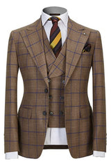 Formal Peaked Lapel Three Pieces Plaid Men Khaki Prom Suits