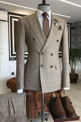 Formal Light Plaid Peaked Lapel Double Breasted Brown Business Suits