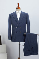 Formal Navy Blue Double Breasted Peaked Lapel Men Suits For Business