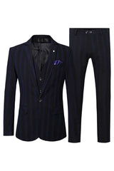Formal Notched Lapel Three Pieces Striped Navy Blue Business Suits