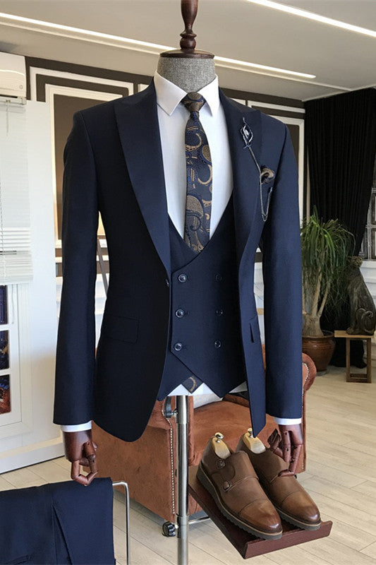 Formal Peaked Lapel Three Pieces Navy Blue Business Suits