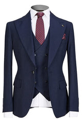Formal Peaked Lapel Three Pieces Men Navy Blue Wedding Suits
