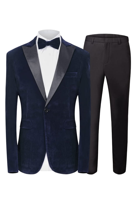 Formal Navy Blue Peaked Lapel Two Pieces Velvet Men Suits For Prom