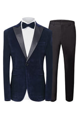 Formal Navy Blue Peaked Lapel Two Pieces Velvet Men Suits For Prom