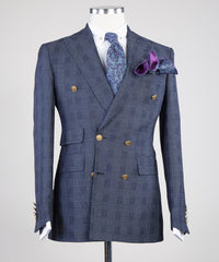 Formal Double Breasted Plaid Peaked Lapel Navy Business Suits