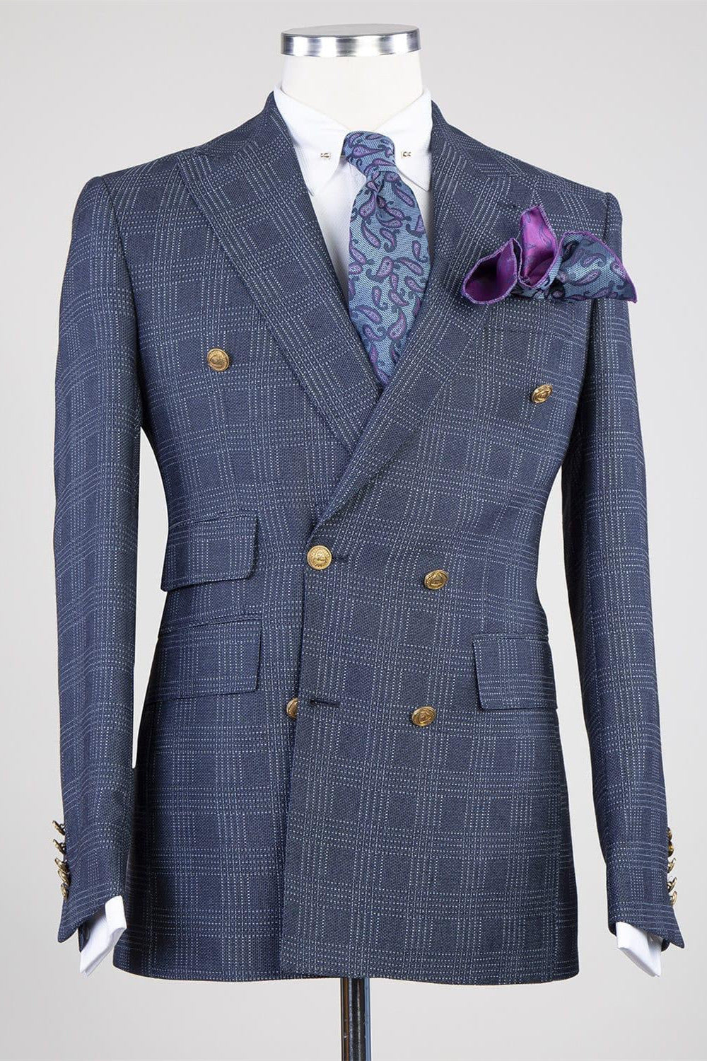 Formal Double Breasted Plaid Peaked Lapel Navy Business Suits