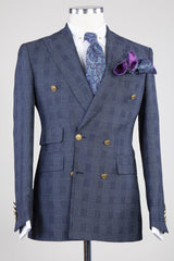 Formal Double Breasted Plaid Peaked Lapel Navy Business Suits