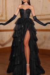 Formal Prom Dress Long Tulle With Slit Gloves Gown V Neck Sleeveless