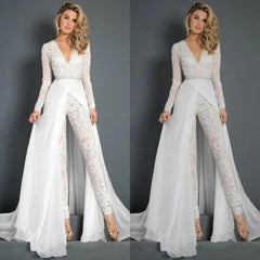 Formal White Lace Deep V-Neck Jumpsuits for Women-27dress
