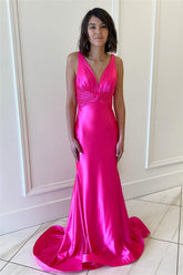 Fuchsia Mermaid Plunging V Neck Satin Mermaid Long Prom Dress