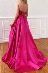 Fuchsia Strapless Sleeveless A Line Long Prom Dress With Pockets Side Split
