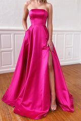Fuchsia Strapless Sleeveless A Line Long Prom Dress With Pockets Side Split