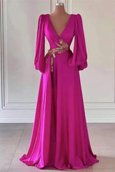 Fuchsia V-Neck Long Sleeves Satin A-Line Prom Dress with Slit-27dress