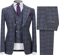 Gary Peaked Lapel Close Fitting Three Pieces Plaid Men Suits For Business