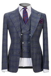Gary Peaked Lapel Close Fitting Three Pieces Plaid Men Suits For Business