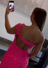 27Dress hot pink sequin Short Homecoming Dress with crossed straps and open back mirror selfie
