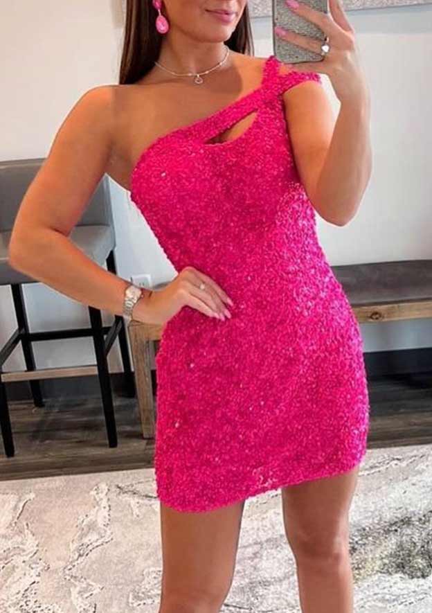 27Dress hot pink sequin one shoulder mini dress with cutout detail Short Homecoming Dress