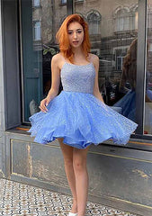 Glamorous A-line Square Neckline Sleeveless Tulle Homecoming Dress with Sequins Glitter - 27Dress