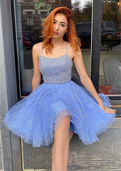 Glamorous A-line Square Neckline Sleeveless Tulle Homecoming Dress with Sequins Glitter - 27Dress