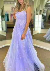 Glamorous A-line V Neck Spaghetti Straps Prom Dress with Sweep Train and Appliqued Glitter-27dress