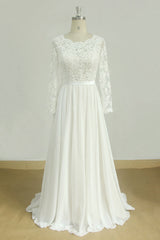 Glamorous A-line White Chiffon Wedding Dress Longsleeves Jewel Bridal Gowns On Sale-27dress