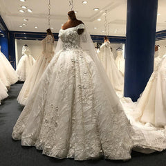 Glamorous A-line White Ruffles Wedding Dresses With Appliques Off-the-shoulder Lace Bridal Gowns On Sale-27dress