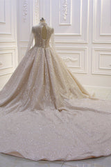 Glamorous Ball Gown High Neck Wedding Dress Long Sleeves Sparkly Sequined Beading Bridal Gowns On Sale-27dress