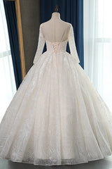 Glamorous Ball Gown Jewel Appliques Wedding Dress Long Sleeves Bridal Gowns Online-27dress