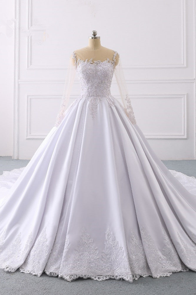 Glamorous Ball Gown Jewel Satin Tulle Wedding Dress Long Sleeves Ruffles Lace Bridal Gowns Online-27dress