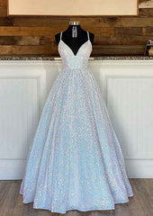 Glamorous Ball Gown Sleeveless V Neck Long/Floor-Length Sequined Sparkling Prom Dress With Pleated-27dress