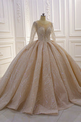 Glamorous Ball Gown Tulle Jewel Wedding Dress Long Sleeves Ruffles Beadings Sequined Bridal Gowns Online-27dress