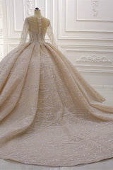 Glamorous Ball Gown Tulle Jewel Wedding Dress Long Sleeves Ruffles Beadings Sequined Bridal Gowns Online-27dress