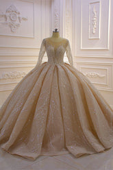 Glamorous Ball Gown Tulle Jewel Wedding Dress Long Sleeves Ruffles Beadings Sequined Bridal Gowns Online-27dress
