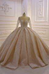 Glamorous Ball Gown Tulle Jewel Wedding Dress Long Sleeves Ruffles Beadings Sequined Bridal Gowns Online-27dress