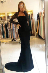Glamorous Black Square Long Sleeves Lace Mermaid Prom Dress With Pleated