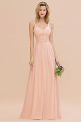 Glamorous Chiffon Spaghetti Straps Ruffle Long Bridesmaid Dress Affordable-27dress